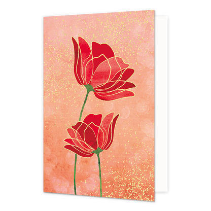 Rozen - Formaat: Standaard - Vorm: Staand - Blanco kaart - Op deze wenskaart staan twee rode bloemen centraal, die boven elkaar zijn afgebeeld tegen een warme, zalmroze achtergrond. De bloemen zijn gedetailleerd met fijne gouden omlijningen en staan op dunne groene stengels die vanuit de onderkant van de kaart omhoog lopen. De achtergrond is verrijkt met een subtiele textuur van lichtvlekken en verspreide gouden glitters die de illustratie een feestelijke glans geven. - Snelwenskaart