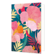 Bloemen - Formaat: Standaard - Vorm: Staand - Blanco kaart - Op deze wenskaart staat een weelderige illustratie van grote roze en oranje bloemen tegen een diepblauwe achtergrond. De bloemblaadjes zijn versierd met fijne gouden spikkels en worden aangevuld met gestileerde bladeren in goudfolie en felroze tinten. De compositie heeft een tropische uitstraling door de gelaagdheid van de verschillende botanische vormen en kleuren. - Snelwenskaart