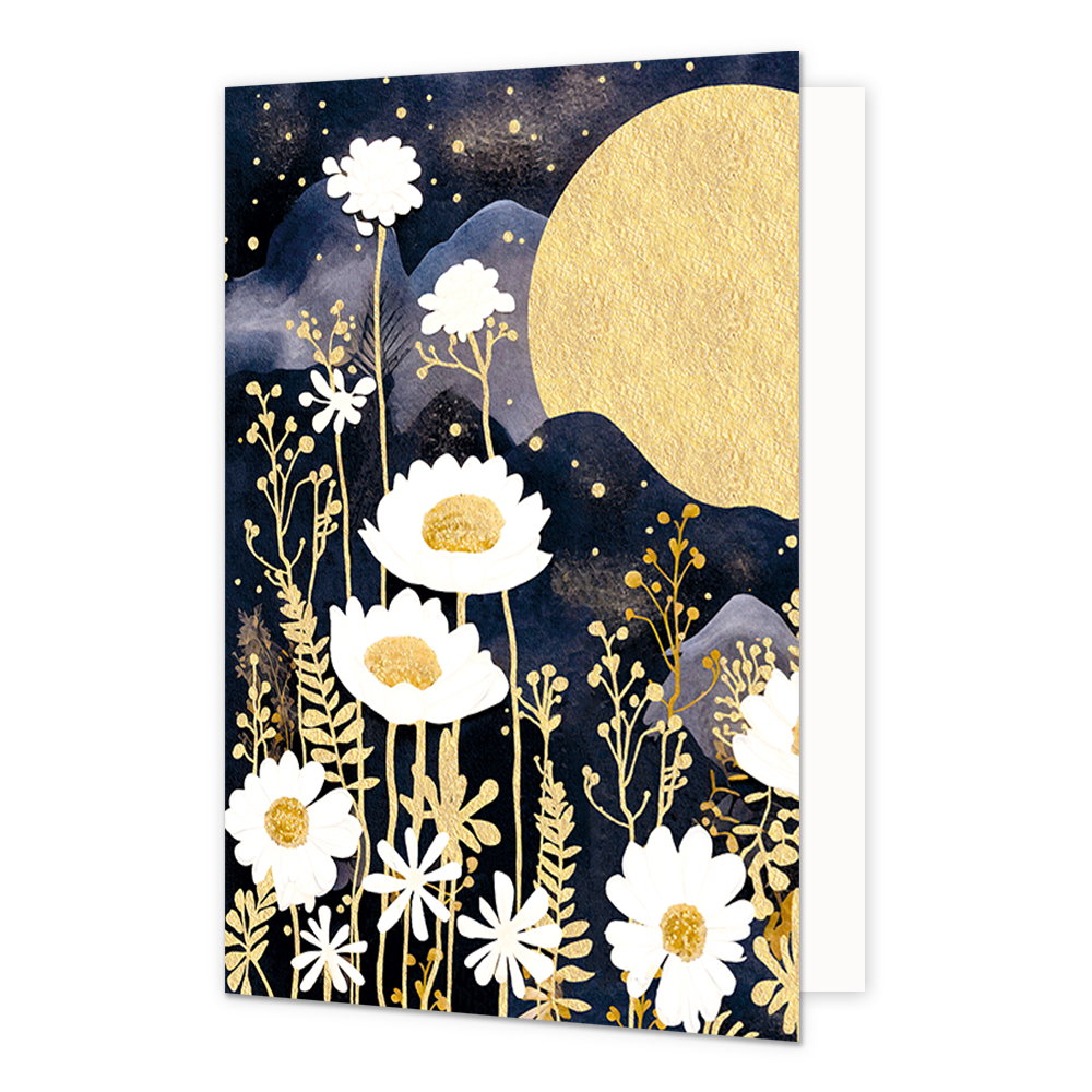 Nacht bloemen - Formaat: Normaal - Vorm: Staand - Blanco kaart - Op deze artistieke wenskaart staan witte en gouden bloemen met een nachtlandschap. - Snelwenskaart