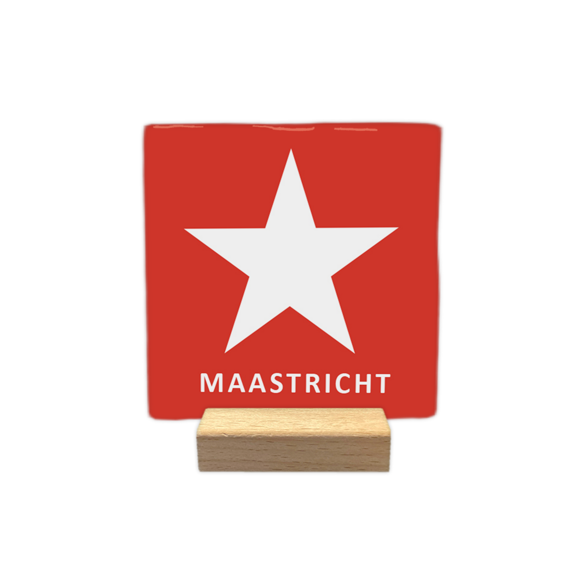 Maastricht - Decoratie tegel - Formaat: - Op deze decoratie tegel staat een grote witte ster op een rode achtergrond. Onder de ster staat in witte letters de naam Maastricht. Het ontwerp is eenvoudig en strak vormgegeven. - Snelwenskaart