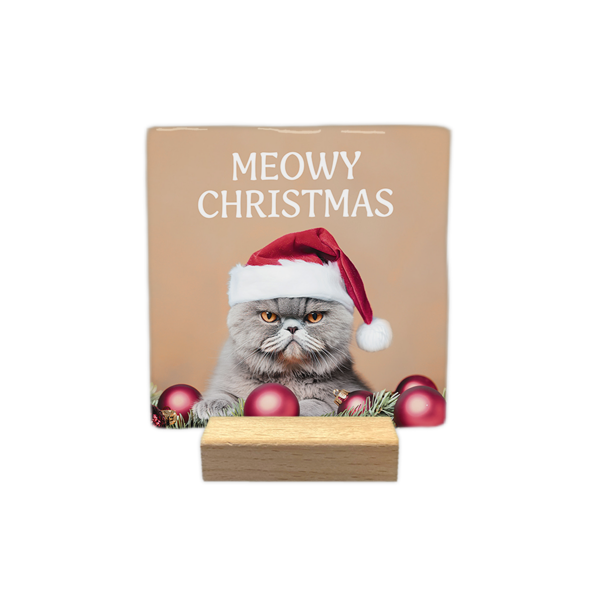 Meowy christmas - Decoratie tegel - Formaat: - Op deze decoratie tegel staat een grijze kat met een kerstmuts op, omringd door kerstballen en dennentakken. Bovenaan staat in witte letters de tekst meowy christmas. - Snelwenskaart