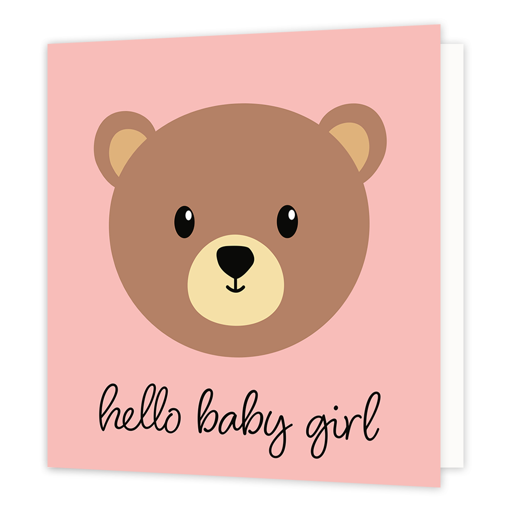 Hello baby girl - Formaat: Standaard - Vorm: Vierkant - Geboortekaart - Op deze wenskaart staat een bruin beertje op een roze achtergrond met daaronder de tekst: "Hello baby girl". - Snelwenskaart