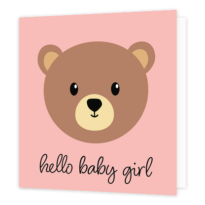 Hello baby girl - Formaat: Standaard - Vorm: Vierkant - Geboortekaart - Op deze wenskaart staat een bruin beertje op een roze achtergrond met daaronder de tekst: "Hello baby girl". - Snelwenskaart