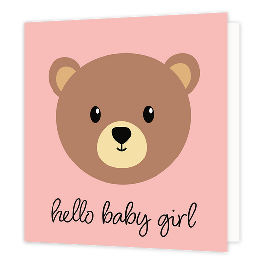 Hello baby girl - Formaat: Normaal - Vorm: Vierkant - Geboortekaart - Op deze wenskaart staat een bruin beertje op een roze achtergrond met daaronder de tekst: "Hello baby girl". - Snelwenskaart