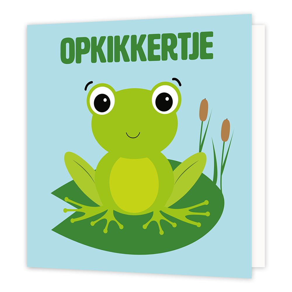 Opkikkertje - Formaat: Normaal - Vorm: Vierkant - Opkikker kaart - Op deze wenskaart staat een kikker op een blauwe achtergrond met daarboven de tekst: "Opkikkertje". - Snelwenskaart