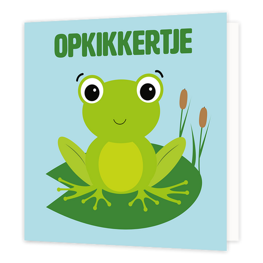 Opkikkertje - Formaat: Normaal - Vorm: Vierkant - Opkikker kaart - Op deze wenskaart staat een kikker op een blauwe achtergrond met daarboven de tekst: "Opkikkertje". - Snelwenskaart