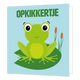 Opkikkertje - Formaat: Standaard - Vorm: Vierkant - Opkikker kaart - Op deze wenskaart staat een kikker op een blauwe achtergrond met daarboven de tekst: "Opkikkertje". - Snelwenskaart