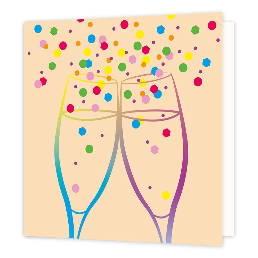 Champagne - Formaat: Standaard - Vorm: Vierkant - Blanco kaart - Op deze wenskaart staan twee champagneglazen waar confetti uit komt. - Snelwenskaart