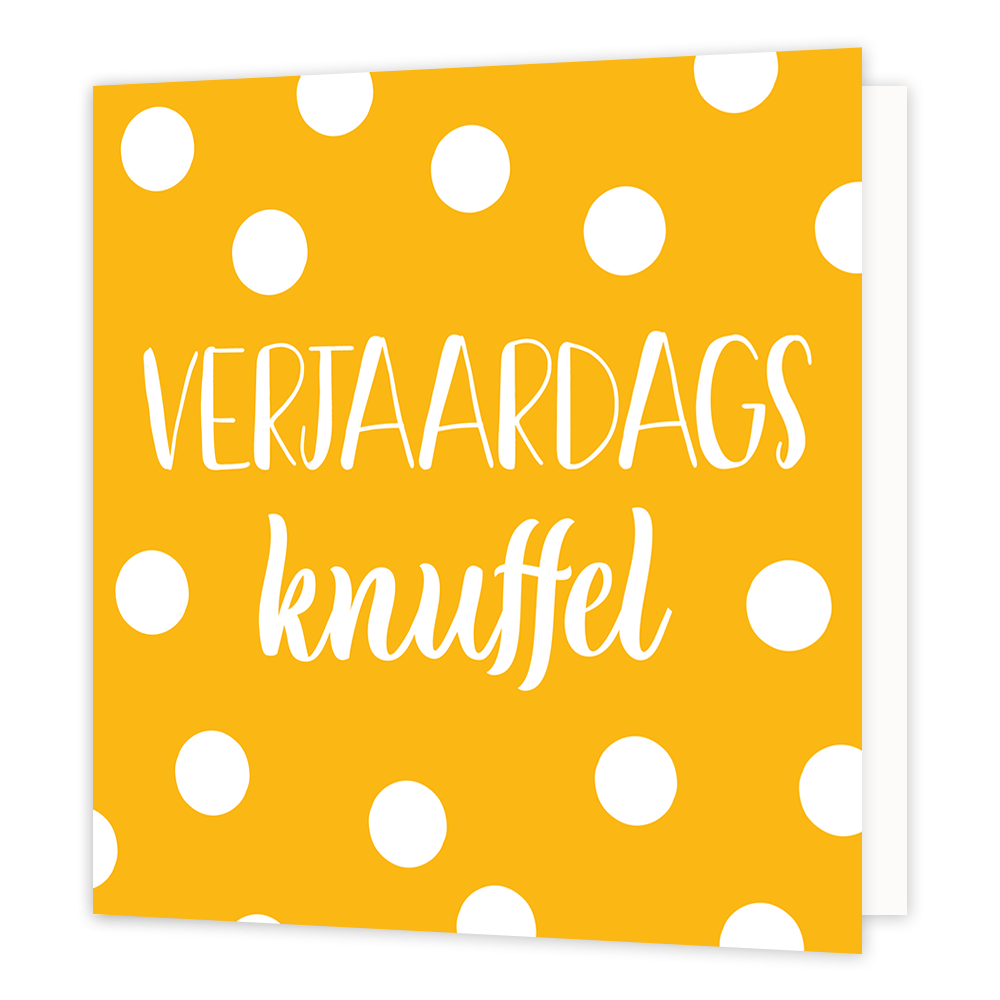 Verjaardagsknuffel - Formaat: Normaal - Vorm: Vierkant - Verjaardagskaart - Op deze wenskaart staat de tekst: "Verjaardagsknufel" omringt door witte stippen. - Snelwenskaart