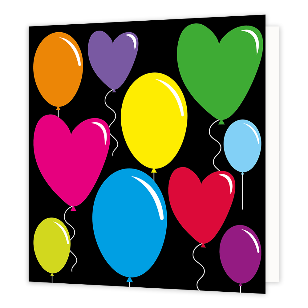 Ballonnen - Formaat: Standaard - Vorm: Vierkant - Blanco kaart - Op deze wenskaart staan ballonnen in de kleuren geel, roze, rood, paars, oranje en rood. - Snelwenskaart