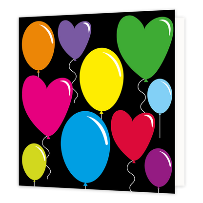 Ballonnen - Formaat: Standaard - Vorm: Vierkant - Blanco kaart - Op deze wenskaart staan ballonnen in de kleuren geel, roze, rood, paars, oranje en rood. - Snelwenskaart