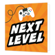 Next level - Formaat: Standaard - Vorm: Vierkant - Complimentenkaart - Op deze wenskaart staat de tekst: 'Next level' in een witte kleur met een zwarte omlijning. Erboven zweeft een game controlerer in het wit met knoppen in kleuren als groen, geel, blauw en rood. Op de achtergrond staan strepen die radiaal van binnen naar buiten lopen in licht en donker oranje kleuren. - Snelwenskaart