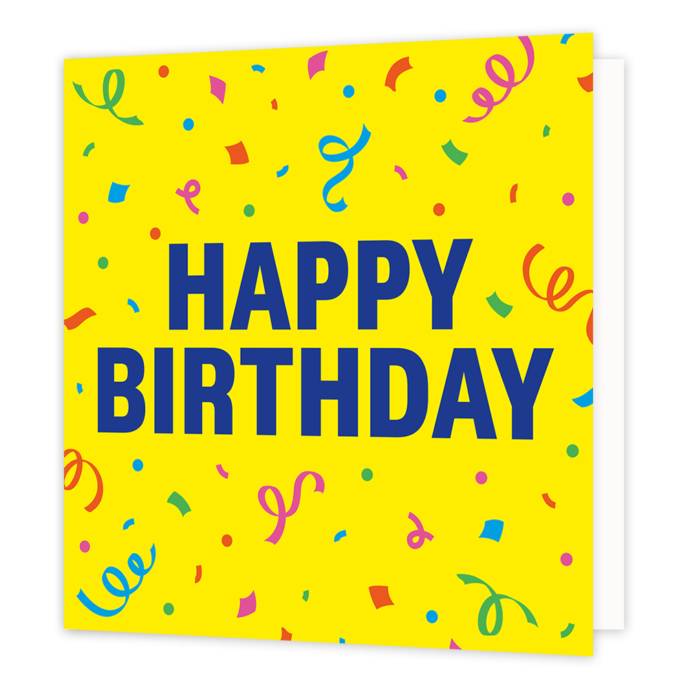 Happy birthday - Formaat: Standaard - Vorm: Vierkant - Verjaardagskaart - Op deze wenskaart staat een heldergele achtergrond die verspreid is versierd met kleurrijke confetti en serpentines in kleuren zoals blauw, groen, roze, oranje en rood. Centraal op de kaart staat in grote, dikke blauwe letters de tekst "HAPPY BIRTHDAY". - Snelwenskaart
