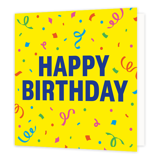 Happy birthday - Formaat: Standaard - Vorm: Vierkant - Verjaardagskaart - Op deze wenskaart staat een heldergele achtergrond die verspreid is versierd met kleurrijke confetti en serpentines in kleuren zoals blauw, groen, roze, oranje en rood. Centraal op de kaart staat in grote, dikke blauwe letters de tekst "HAPPY BIRTHDAY". - Snelwenskaart