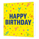 Happy birthday - Formaat: Standaard - Vorm: Vierkant - Verjaardagskaart - Op deze wenskaart staat een heldergele achtergrond die verspreid is versierd met kleurrijke confetti en serpentines in kleuren zoals blauw, groen, roze, oranje en rood. Centraal op de kaart staat in grote, dikke blauwe letters de tekst "HAPPY BIRTHDAY". - Snelwenskaart
