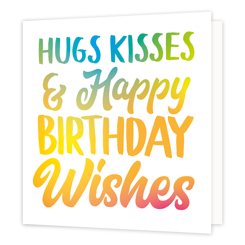 Hugs kisses & Happy birthday wishes - Formaat: Normaal - Vorm: Vierkant - Verjaardagskaart - Op deze wenskaart staat de tekst: "Hugs kisses & happy birthday whises". - Snelwenskaart