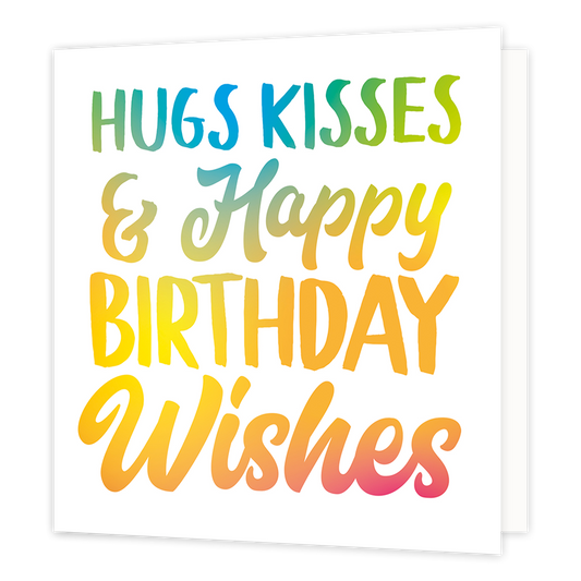 Hugs kisses & Happy birthday wishes - Formaat: Normaal - Vorm: Vierkant - Verjaardagskaart - Op deze wenskaart staat de tekst: "Hugs kisses & happy birthday whises". - Snelwenskaart