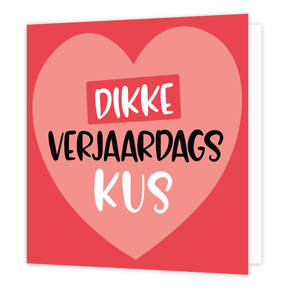 Dikke verjaardagskus - Formaat: Normaal - Vorm: Vierkant - Verjaardagskaart - Op deze wenskaart staat een groot hart met in het midden de tekst: "Dikke verjaardagskus". - Snelwenskaart