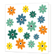 Bloemen - Formaat: Standaard - Vorm: Vierkant - Blanco kaart - Op deze wenskaart staat een speelse verzameling van gestileerde bloemen die gelijkmatig zijn verspreid over een witte achtergrond. De bloemen zijn getekend in diverse kleuren zoals geel, oranje, blauw en verschillende tinten groen. Elke bloem heeft een eenvoudig ontwerp met meerdere blaadjes en een opvallend zwart-wit hart dat doet denken aan een oogje. - Snelwenskaart
