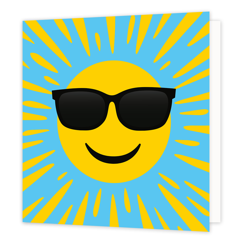 Zon - Formaat: Standaard - Vorm: Vierkant - Blanco kaart - Op deze wenskaart staat een smiley zon met een zonnebril op. - Snelwenskaart
