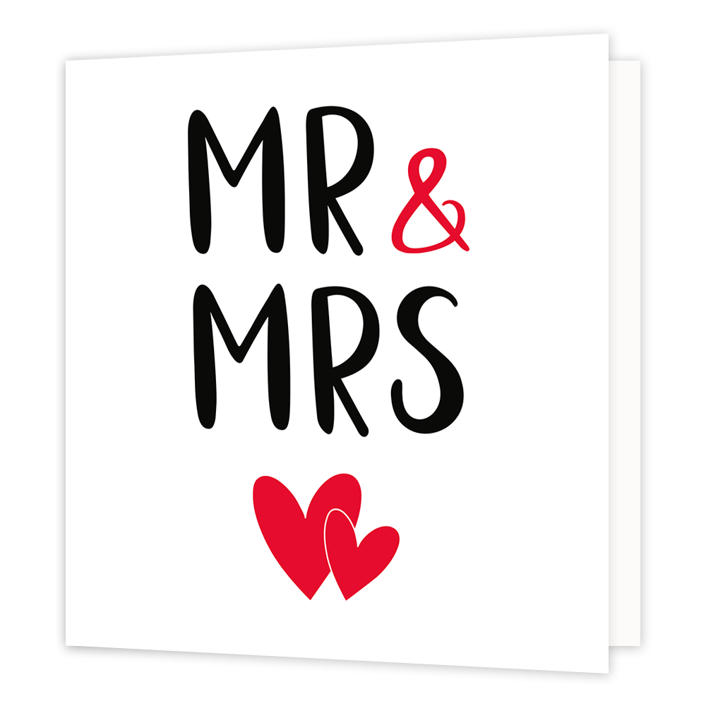 Mr & Mrs - Formaat: Normaal - Vorm: Vierkant - Huwelijkskaart - Op deze wenskaart staat de tekst: "MR & MRS" met daaronder twee rode hartjes. - Snelwenskaart