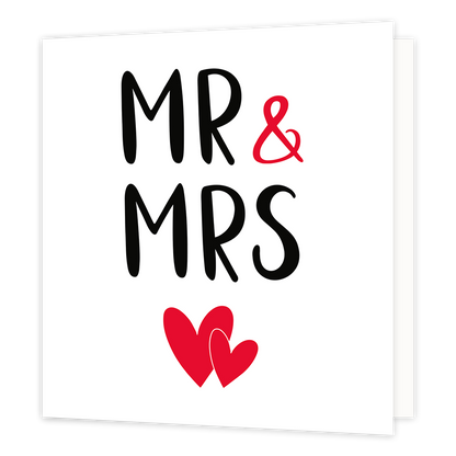Mr & Mrs - Formaat: Normaal - Vorm: Vierkant - Huwelijkskaart - Op deze wenskaart staat de tekst: "MR & MRS" met daaronder twee rode hartjes. - Snelwenskaart