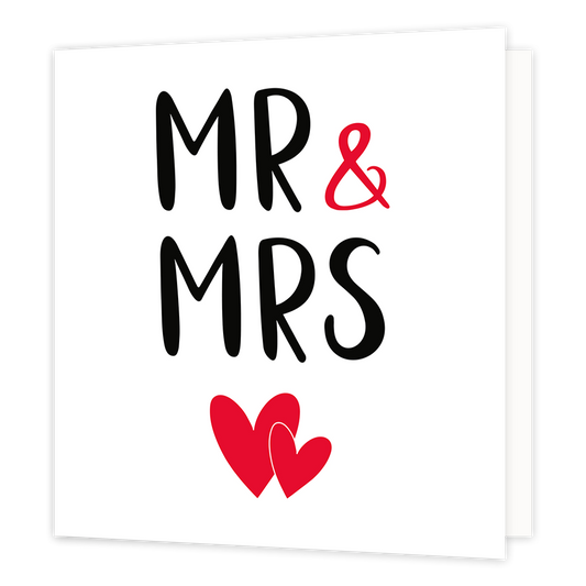 Mr & Mrs - Formaat: Normaal - Vorm: Vierkant - Huwelijkskaart - Op deze wenskaart staat de tekst: "MR & MRS" met daaronder twee rode hartjes. - Snelwenskaart