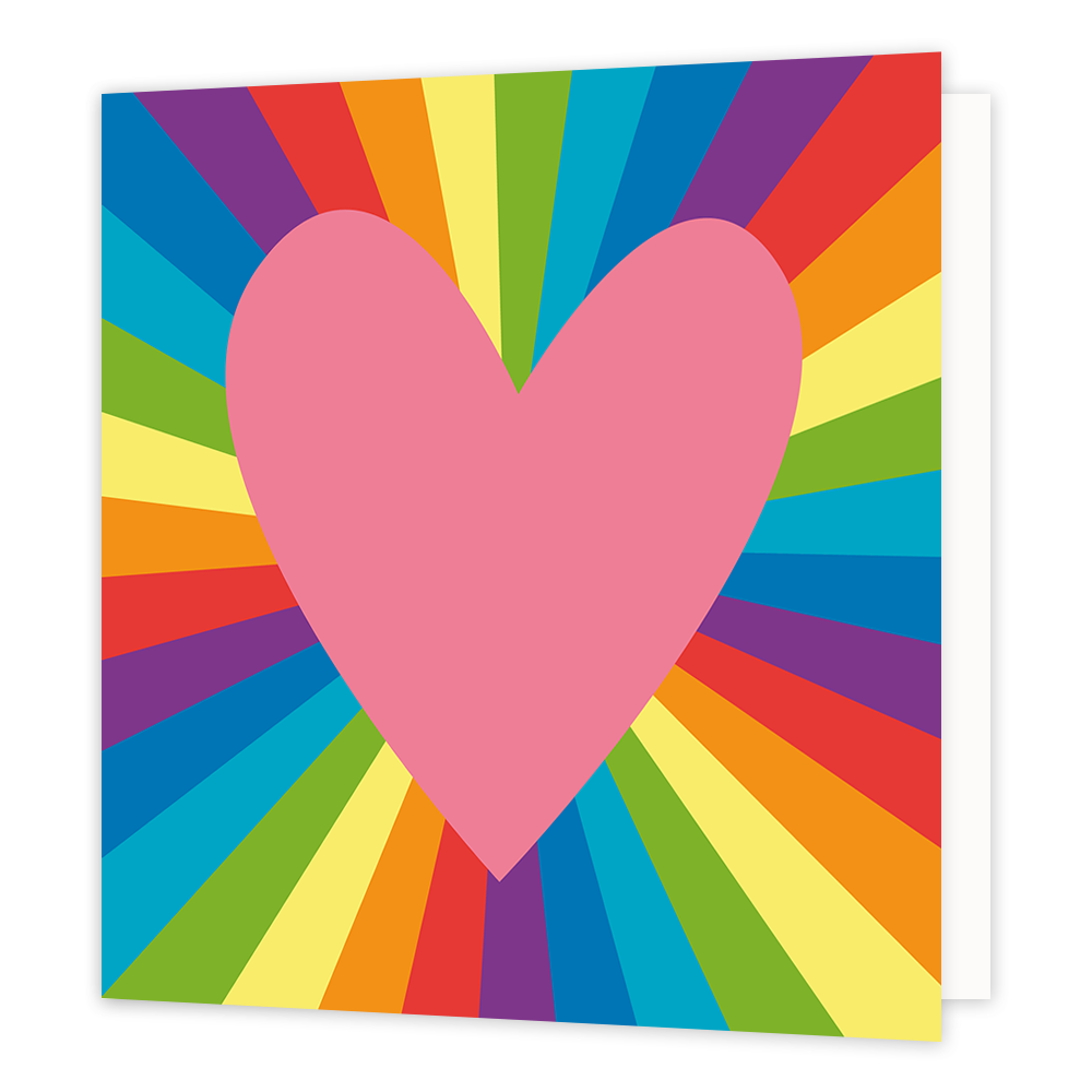 Hartjeskaart - Formaat: Standaard - Vorm: Vierkant - Blanco kaart - Op deze wenskaart staat een roze hart met op de achtergrond lijnen in regenboogkleuren. - Snelwenskaart