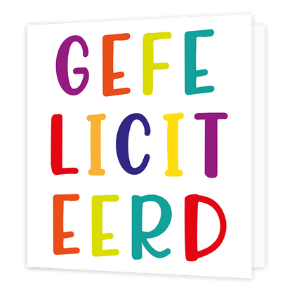 Gefeliciteerd - Formaat: Normaal - Vorm: Vierkant - Felicitatiekaart - Op deze wenskaart staat de tekst: "Gefeliciteerd". - Snelwenskaart