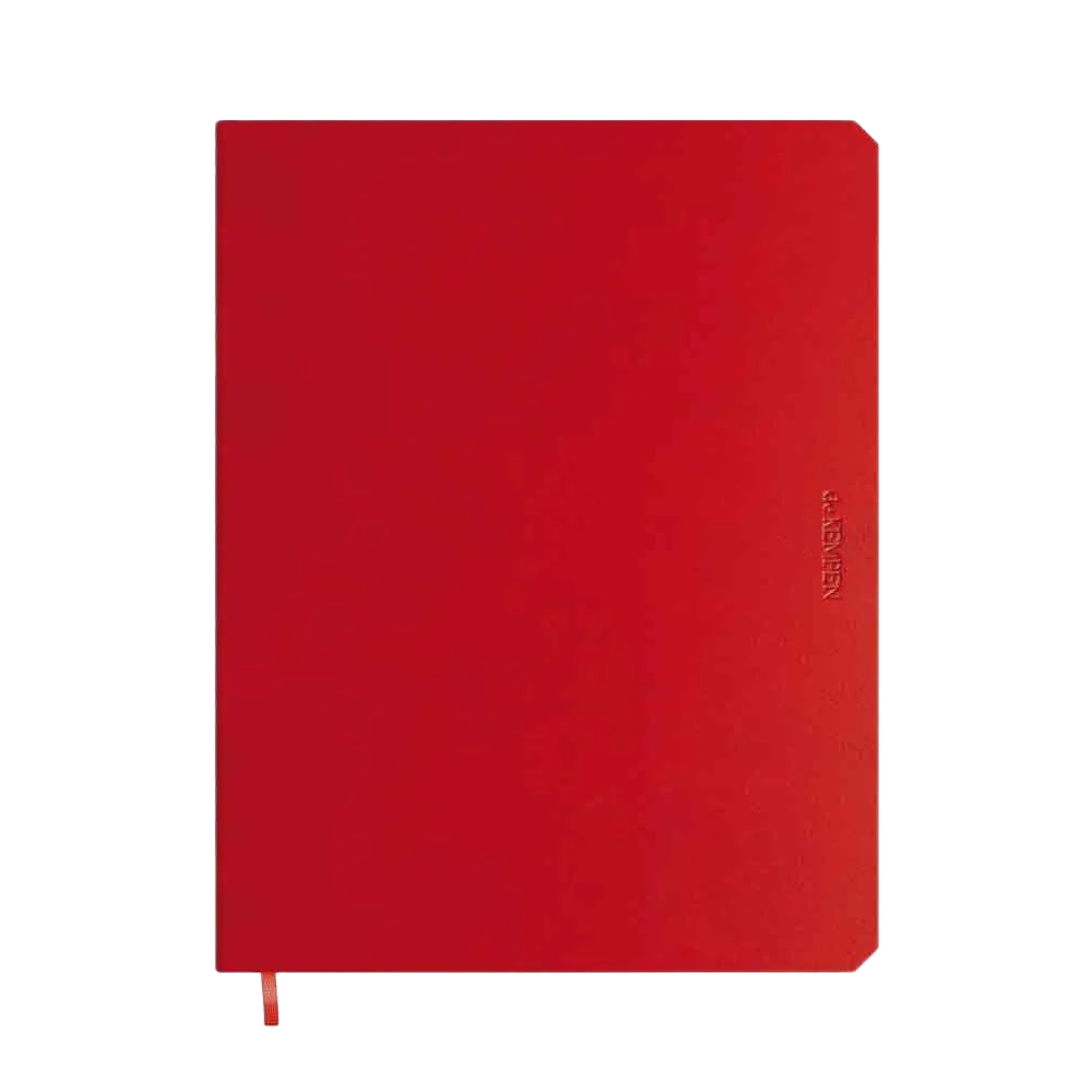 Op deze afbeelding is een rood notitieboek te zien