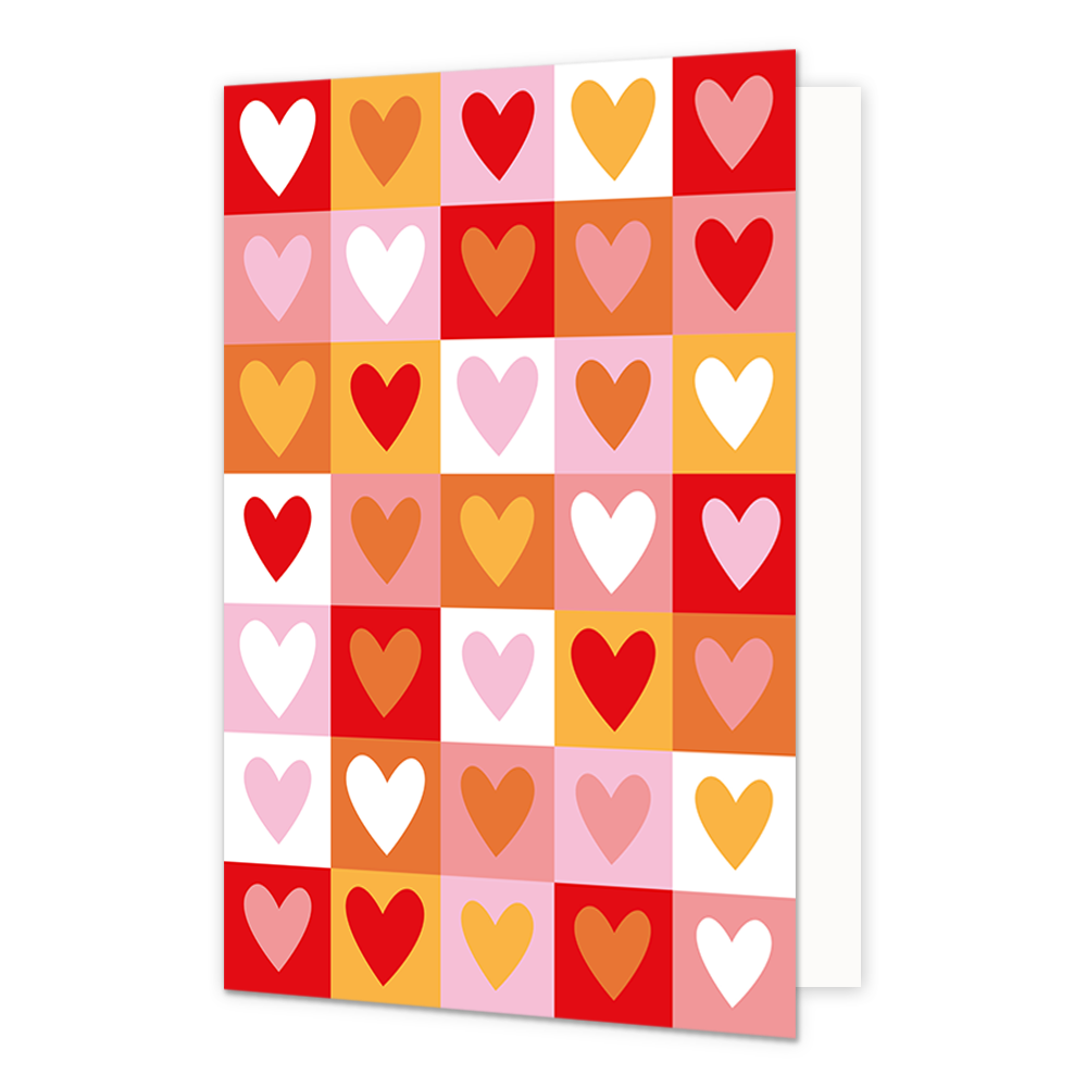 Hartjes - Formaat: Normaal - Vorm: Staand - Blanco kaart - Op deze wenskaart staan vakjes met hartjes in de kleuren wit, rood, geel, roze en oranje. - Snelwenskaart