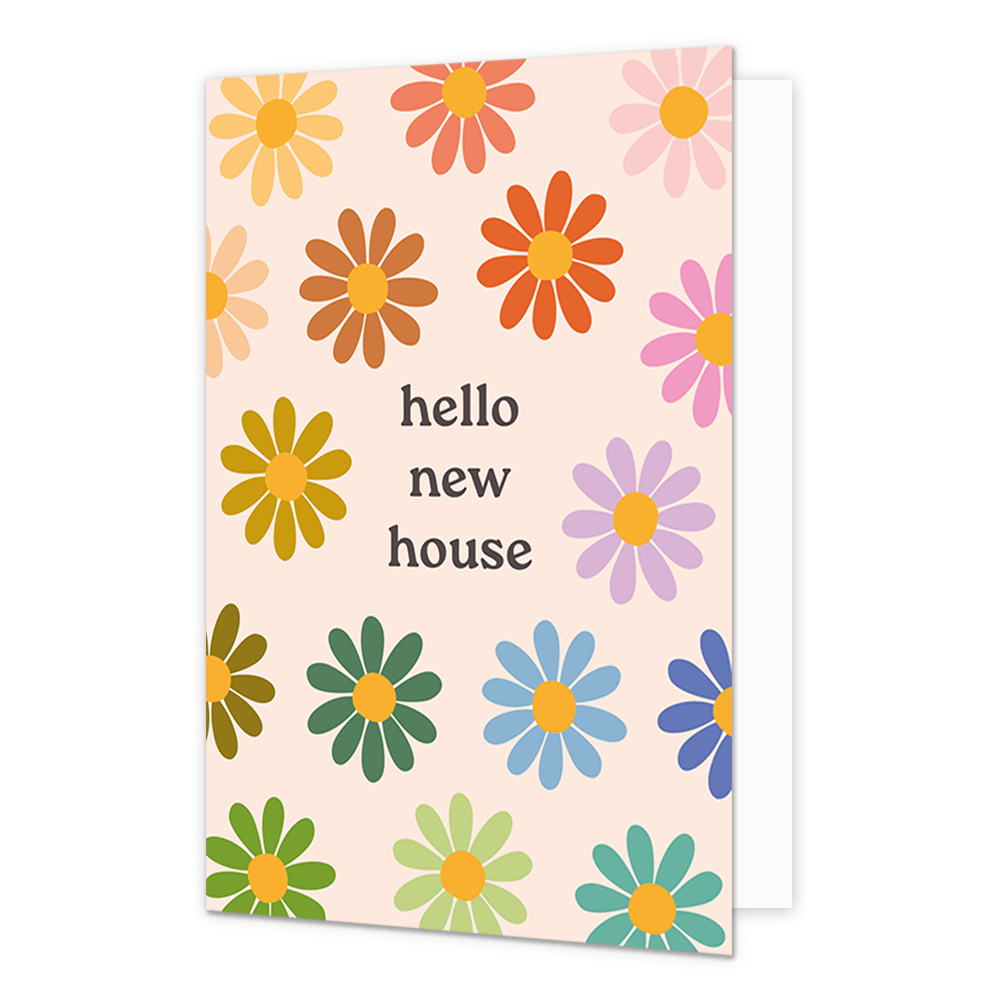 Hallo new house - Formaat: Standaard - Vorm: Staand - Woningkaart - Op deze wenskaart staan bloemen in diverse kleuren met in het midden de tekst: "Hello new house". - Snelwenskaart