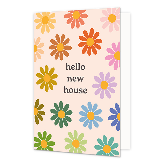 Hallo new house - Formaat: Normaal - Vorm: Staand - Woningkaart - Op deze wenskaart staan bloemen in diverse kleuren met in het midden de tekst: "Hello new house". - Snelwenskaart