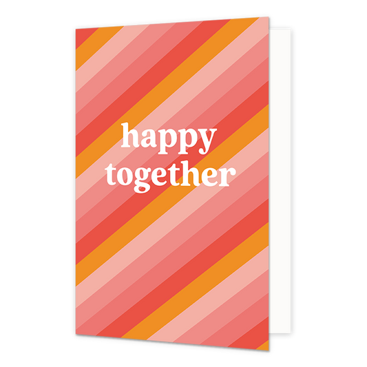 Happy together - Formaat: Normaal - Vorm: Staand - Huwelijkskaart - Op deze wenskaart staan lijnen in diverse kleuren roze, oranje en rood, met in het midden de tekst: "Happy together". - Snelwenskaart