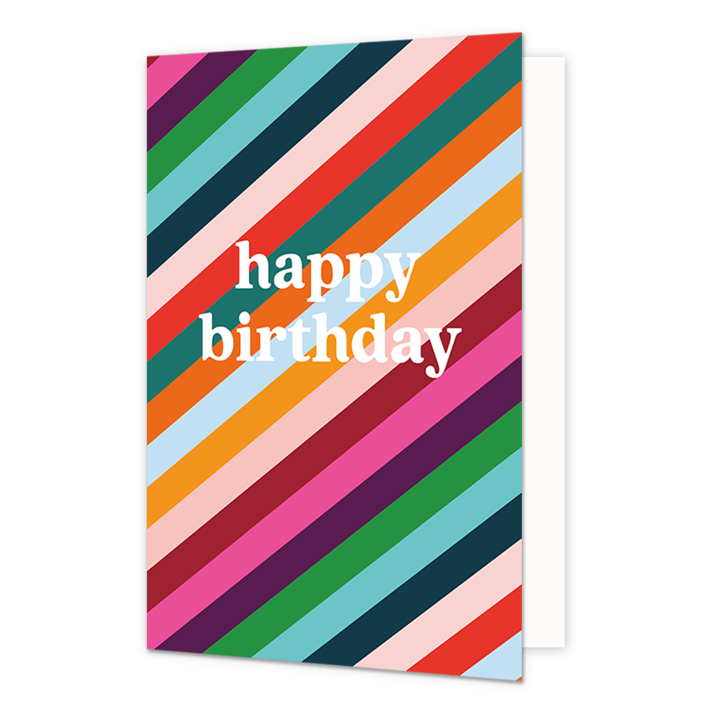 Happy birthday - Formaat: Normaal - Vorm: Staand - Verjaardagskaart - Op deze wenskaart staat de tekst "happy birthday" in witte schreefletters centraal op de voorzijde. De achtergrond wordt volledig gevuld door een patroon van diagonale strepen in een breed scala aan kleuren, waaronder roze, oranje, groen, blauw, rood en paars. De strakke lijnen en het gevarieerde kleurenpalet geven de kaart een moderne en feestelijke uitstraling. - Snelwenskaart