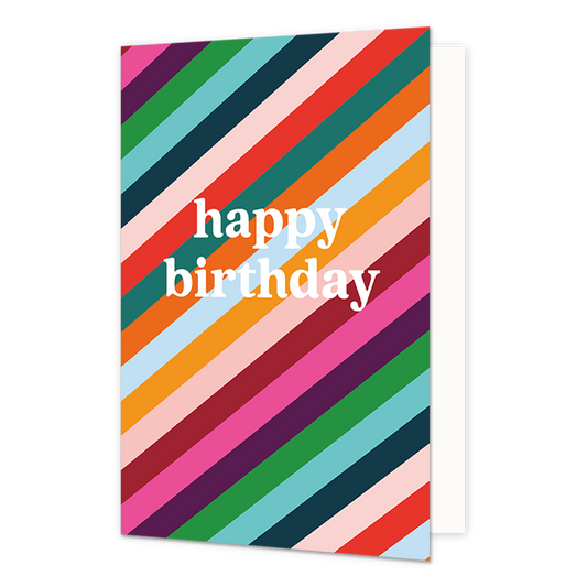 Happy birthday - Formaat: Normaal - Vorm: Staand - Verjaardagskaart - Op deze wenskaart staat de tekst "happy birthday" in witte schreefletters centraal op de voorzijde. De achtergrond wordt volledig gevuld door een patroon van diagonale strepen in een breed scala aan kleuren, waaronder roze, oranje, groen, blauw, rood en paars. De strakke lijnen en het gevarieerde kleurenpalet geven de kaart een moderne en feestelijke uitstraling. - Snelwenskaart