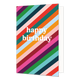 Happy birthday - Formaat: Standaard - Vorm: Staand - Verjaardagskaart - Op deze wenskaart staat de tekst "happy birthday" in witte schreefletters centraal op de voorzijde. De achtergrond wordt volledig gevuld door een patroon van diagonale strepen in een breed scala aan kleuren, waaronder roze, oranje, groen, blauw, rood en paars. De strakke lijnen en het gevarieerde kleurenpalet geven de kaart een moderne en feestelijke uitstraling. - Snelwenskaart