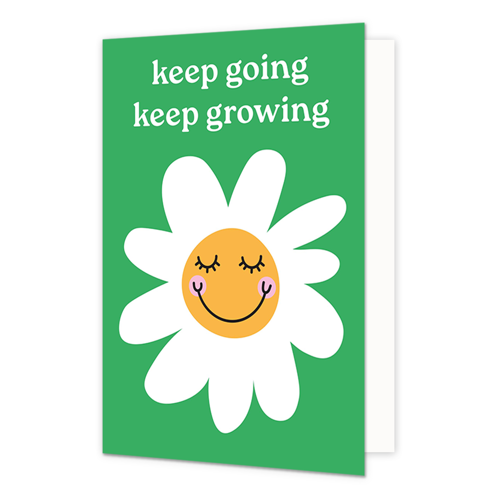 Keep going keep growing - Formaat: Normaal - Vorm: Staand - Complimentenkaart - Op deze wenskaart staat een bloem met daarboven de tekst: "Keep going keep growing". - Snelwenskaart