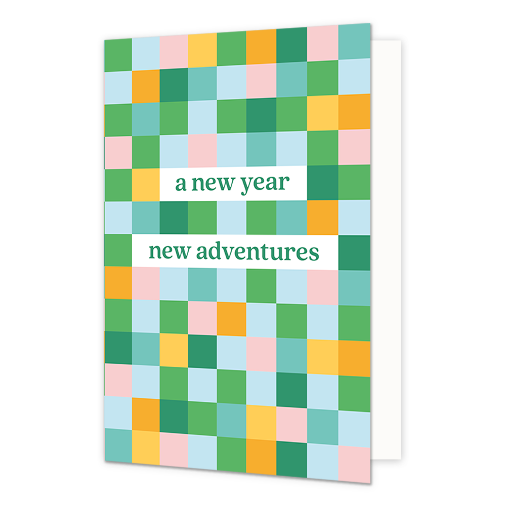 A new year new adventures - Formaat: Normaal - Vorm: Staand - Verjaardagskaart - Op deze wenskaart staan allemaal vierkante vakjes in de kleuren groen, blauw, roze, geel en oranje, met in het midden de tekst: "A new year new adventures". - Snelwenskaart