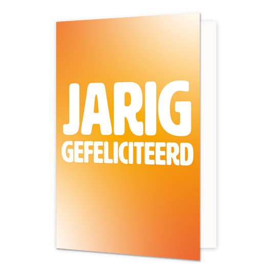 Jarig gefeliciteerd - Formaat: Normaal - Vorm: Staand - Verjaardagskaart - Op deze wenskaart staat de tekst: "Jarig gefeliciteerd" op een oranje / gele achtergrond. - Snelwenskaart