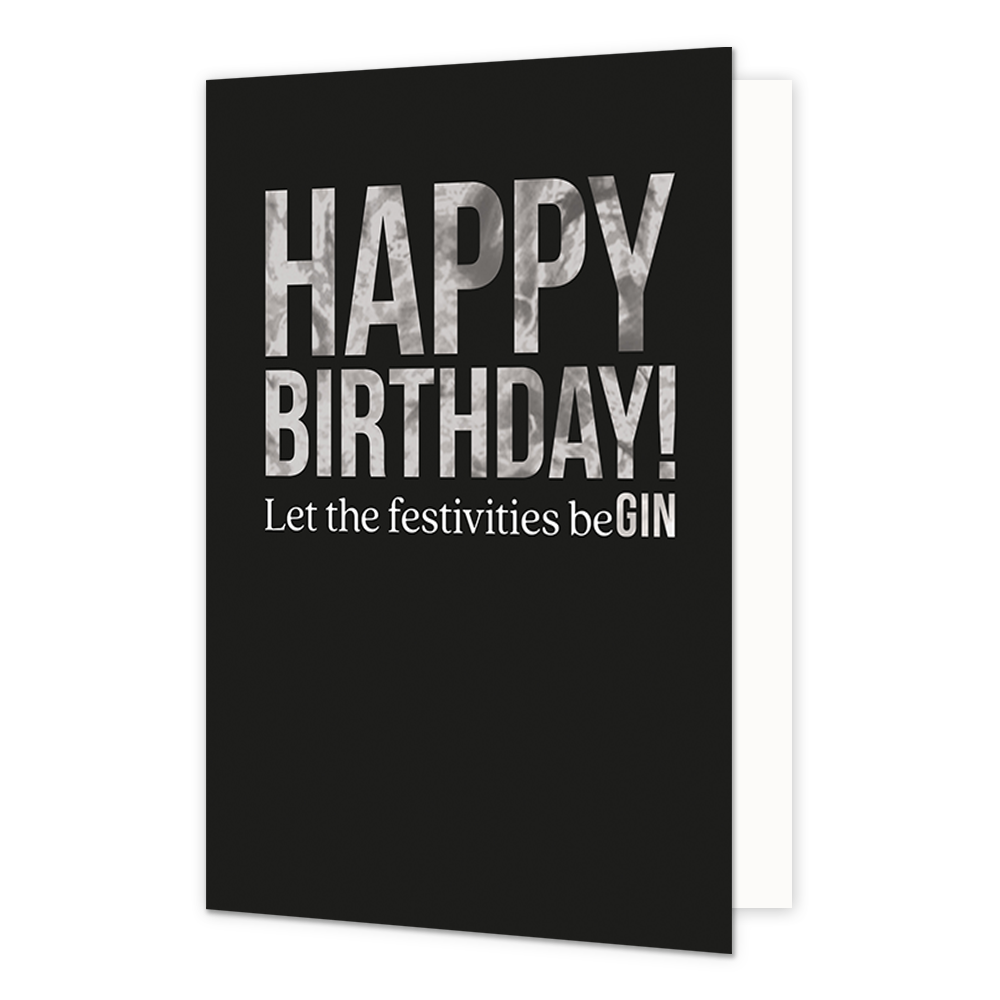 Happy Birthday! - Formaat: Normaal - Vorm: Staand - Verjaardagskaart - Op deze wenskaart staat de tekst: "Happy birthday! Let the festivities beGIN" op een zwarte achtergrond. - Snelwenskaart
