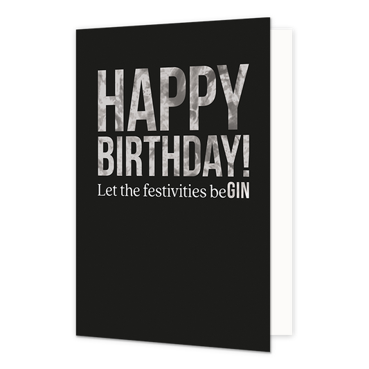 Happy Birthday! - Formaat: Normaal - Vorm: Staand - Verjaardagskaart - Op deze wenskaart staat de tekst: "Happy birthday! Let the festivities beGIN" op een zwarte achtergrond. - Snelwenskaart