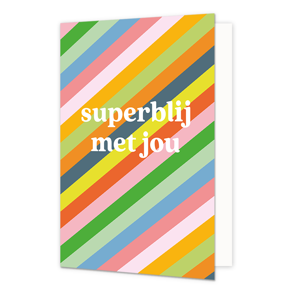 Superblij met jou - Formaat: Normaal - Vorm: Staand - Complimentenkaart - Op deze wenskaart staan lijnen in de kleuren roze, groen, blauw, oranje, geel en rood, met in het midden de tekst: "Superblij met jou". - Snelwenskaart