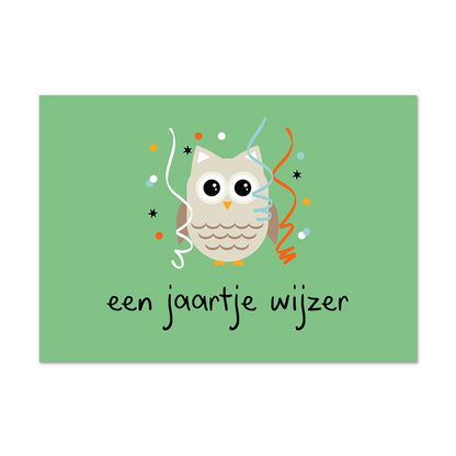 Postcard Een jaartje wijzer - 10 stuks - Formaat: Normaal - Vorm: Liggend - Postcards - Op deze postcard staat de tekst: "Een jaartje wijzer" met daarboven een uil met slingers. - Snelwenskaart