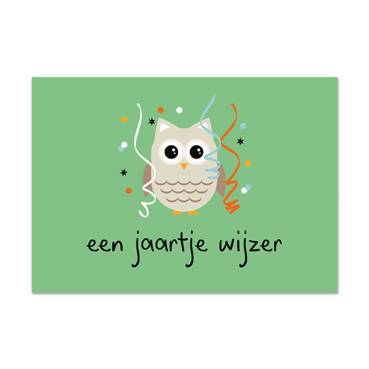 Postcard Een jaartje wijzer - 10 stuks - Formaat: Normaal - Vorm: Liggend - Postcards - Op deze postcard staat de tekst: "Een jaartje wijzer" met daarboven een uil met slingers. - Snelwenskaart
