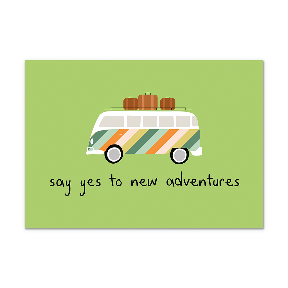 Postcard Say yes to new adventures - 10 stuks - Formaat: Normaal - Vorm: Liggend - Postcards - Op deze postcard staat de tekst: "Say yes to new adventures" met daarboven een volkswagenbusje. - Snelwenskaart