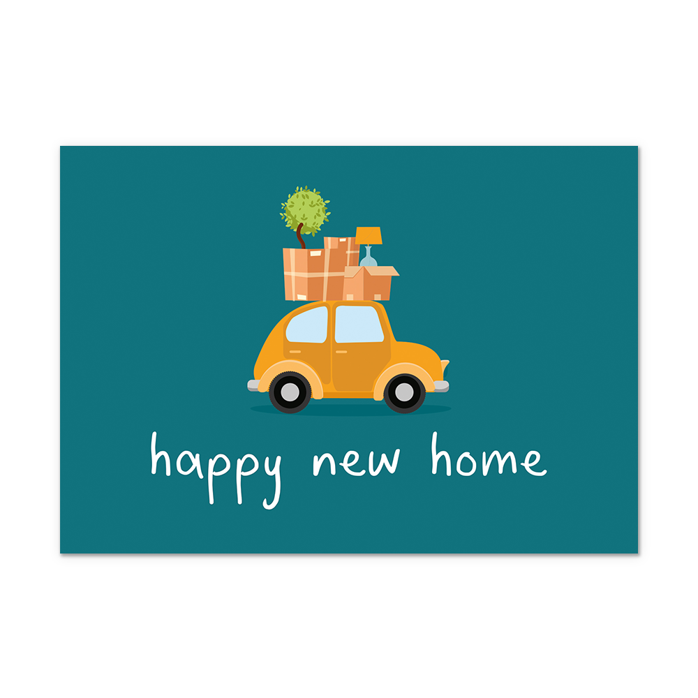 Postcard Happy new home - 10 stuks - Formaat: Normaal - Vorm: Liggend - Postcards - Op deze postcard staat de tekst: "Happy new home" met daarboven een auto met verhuisdozen op het dak. - Snelwenskaart