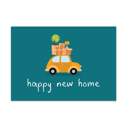 Postcard Happy new home - 10 stuks - Formaat: Normaal - Vorm: Liggend - Postcards - Op deze postcard staat de tekst: "Happy new home" met daarboven een auto met verhuisdozen op het dak. - Snelwenskaart