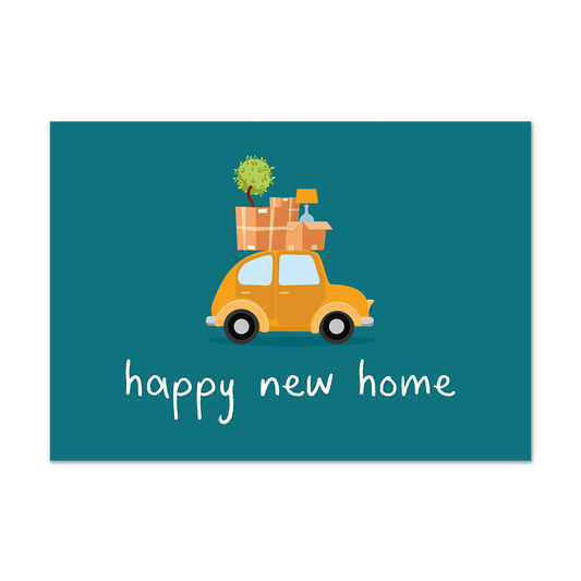 Postcard Happy new home - 10 stuks - Formaat: Normaal - Vorm: Liggend - Postcards - Op deze postcard staat de tekst: "Happy new home" met daarboven een auto met verhuisdozen op het dak. - Snelwenskaart