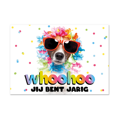 Postcard Whoohoo jij bent jarig - 10 stuks - Formaat: Normaal - Vorm: Liggend - Postcards - Op deze postcard staat de tekst: "Whoohoo jij bent jarig" met daarboven een hand die een grote rode zonnenbril op heeft en bloemenslingers. - Snelwenskaart